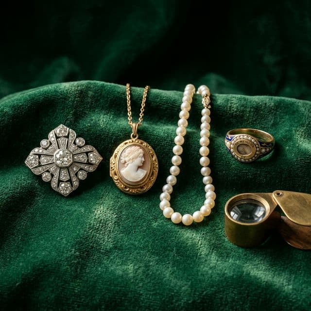 A high-end flat-lay of Art Deco and Victorian era jewelry including brooches and rings