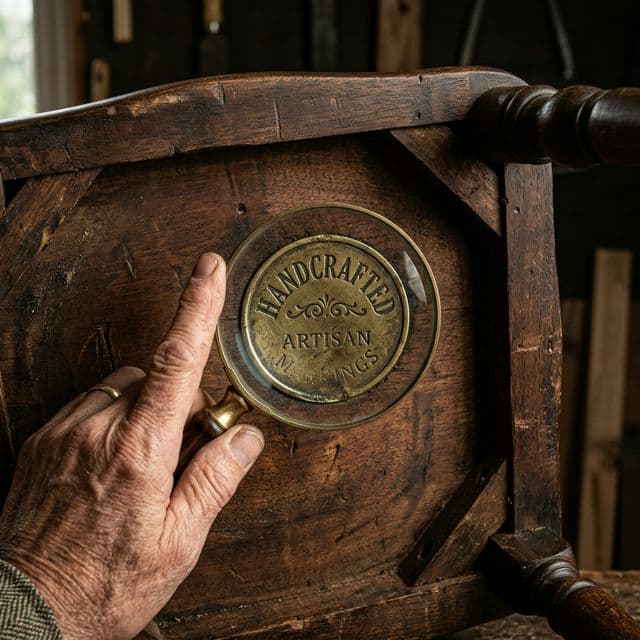 Macro view of a maker's mark on a handcrafted antique chair
